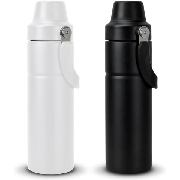 A drink bottle in matte black and white, featuring a handle and a logo.