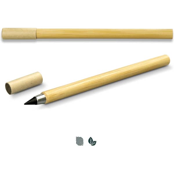 A bamboo pen with a black tip and a matching cylindrical cap, featuring a subtle logo design.