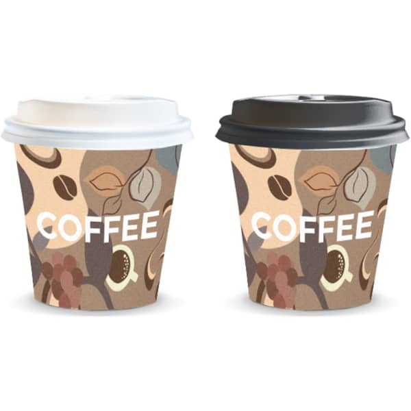 A paper coffee cup set in brown and cream, with one featuring a white lid and the other a black lid, both displaying a logo.