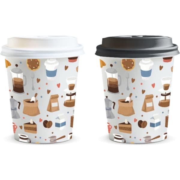 Two patterned coffee cups with white and black lids, featuring illustrations of coffee-related items on a light background.