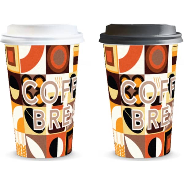 Two paper coffee cups, one white lid and one black lid, featuring a vibrant geometric design in warm colours.