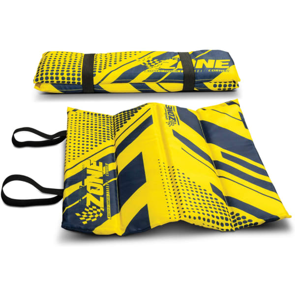 A foldable stadium cushion in yellow and navy, featuring a logo, with straps for easy carrying.