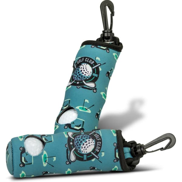 A teal golf ball holder with a golf club design, featuring clip attachments and circular openings for the balls.