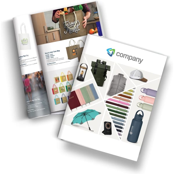 A catalogue featuring various promotional products, including drink bottles, bags, and umbrellas, with a mix of colours and designs.