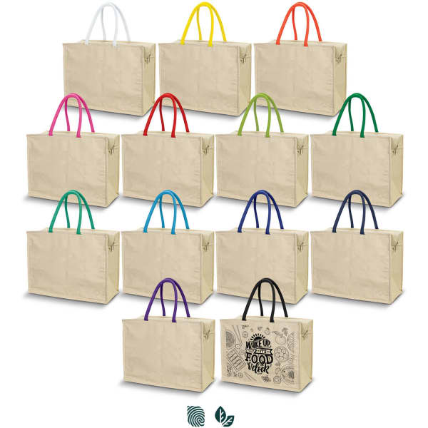 A set of reusable cooler bags in various colours, featuring sturdy handles and a neutral base. One bag has a decorative design.