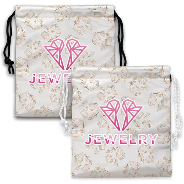 A small satin gift bag in white with a pattern of gifts and a logo in pink. Features drawstring closures.