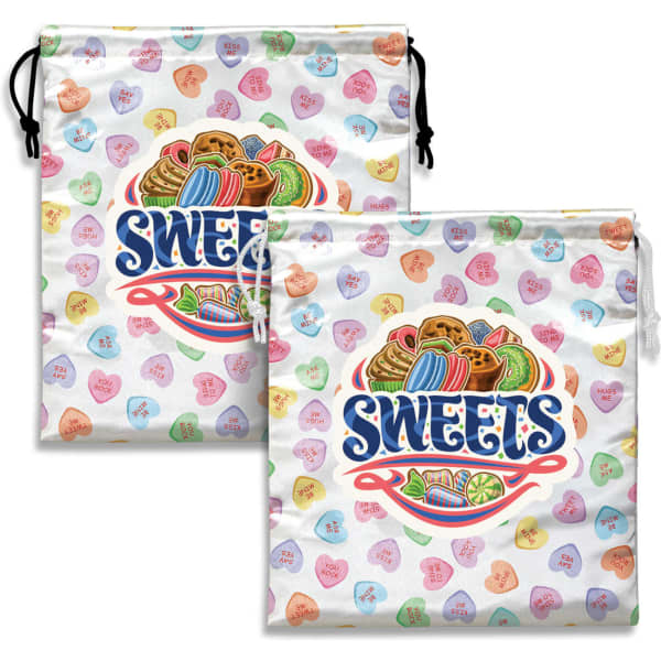 Medium satin gift bags featuring a colourful sweets design with a drawstring closure. Includes playful heart patterns.