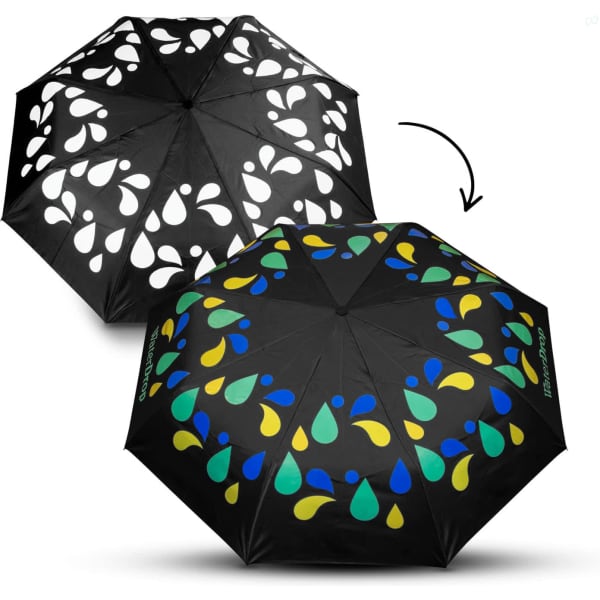 A compact umbrella with a black canopy featuring colourful tear-drop designs in blue, green, and yellow.