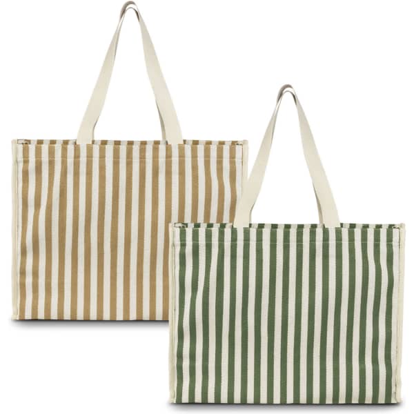 Two striped tote bags featuring a brown and cream colour scheme and a green and cream colour scheme, each with sturdy handles.