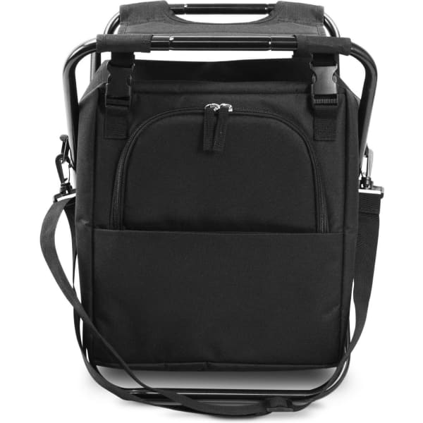 A black cooler seat with a zippered front pocket and a sturdy handle, featuring a detachable shoulder strap.