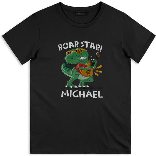 A black T-shirt featuring a cartoon dinosaur playing guitar, wearing sunglasses and a scarf, with a logo.