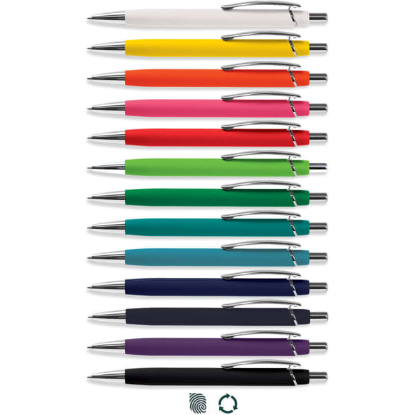 A collection of multicoloured soft-touch pens, featuring a sleek design and chrome accents, arranged in a row.