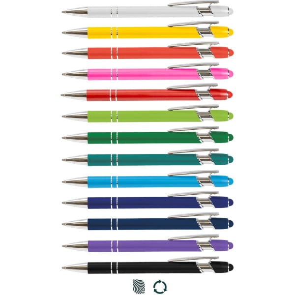 A collection of stylus pens in various colours, including white, yellow, pink, green, blue, and purple, with silver accents.