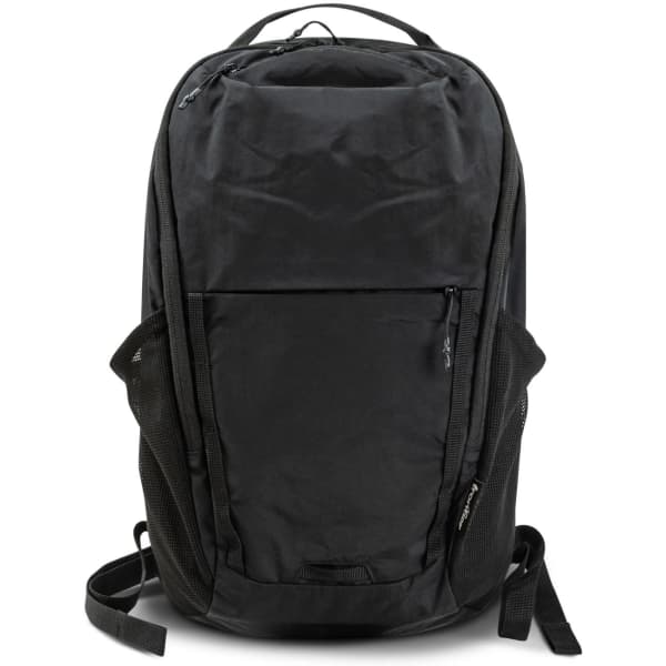 A black daypack with multiple compartments and adjustable straps, featuring a logo on its surface.
