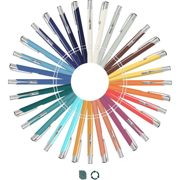 A collection of Panama Palette Pens in various colours arranged in a circular pattern with silver accents.