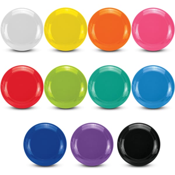Aero Flyer - Large frisbees in various colours including white, yellow, orange, pink, red, green, teal, blue, purple, and black, with branding.