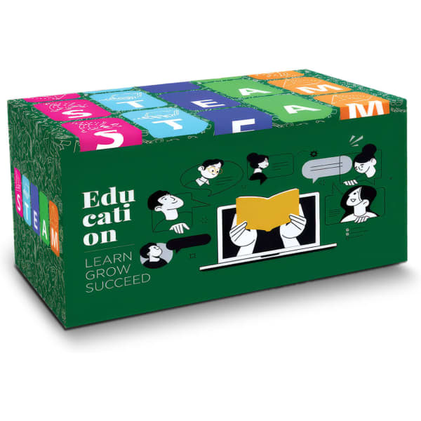 A green box featuring illustrations of people reading and interacting, with colourful blocks spelling 