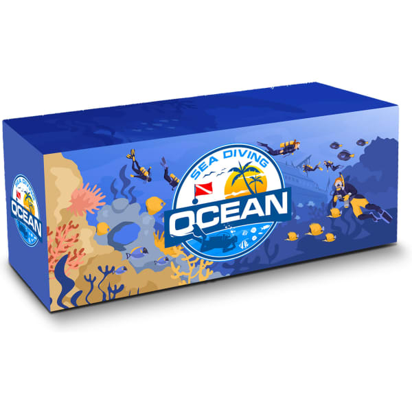 A promotional box featuring an underwater scene with divers, fish, and coral in vibrant blue and multicoloured designs.