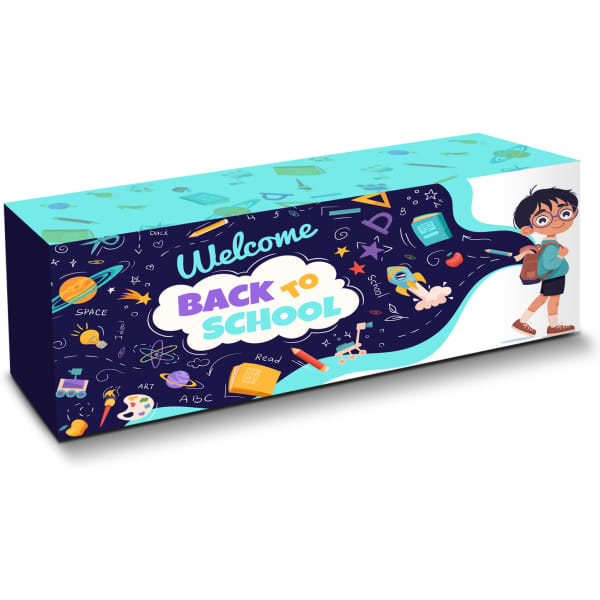 A large fitted tablecloth featuring a vibrant back-to-school design with various colourful illustrations and a playful logo.