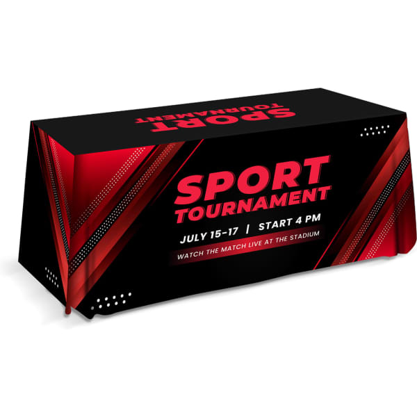 A medium throw tablecloth featuring a bold black and red design with a logo and promotional text for a sports tournament.