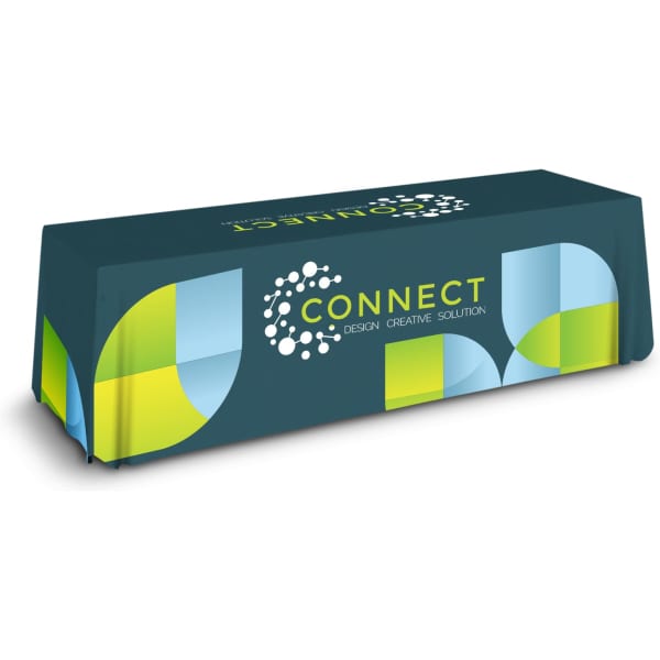 A large tablecloth in shades of green and blue, featuring a circular logo design.