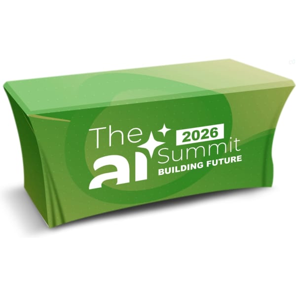 A medium stretched tablecloth in green with a logo and text, featuring a smooth, fitted design.