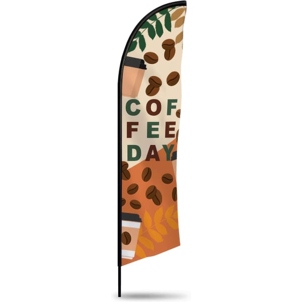 A small feather flag kit featuring a design with coffee cups and coffee beans, in orange, green, and brown colours.