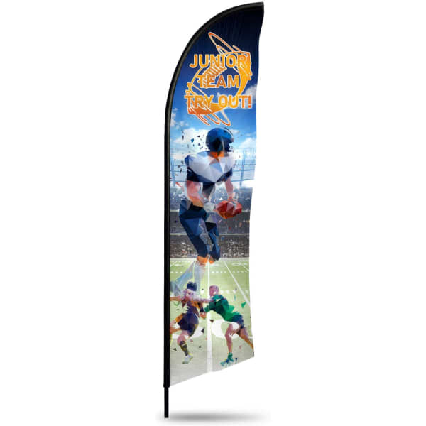 A medium feather flag kit featuring a blue and orange design, depicting sports players in action. Includes a logo.