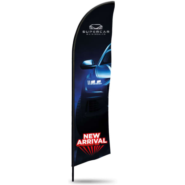 A large feather flag kit featuring a dark, sleek design with a logo and a vibrant base.
