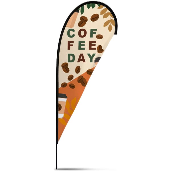 A small tear drop flag kit featuring a vibrant design with coffee beans and autumn leaves in orange and cream colours.