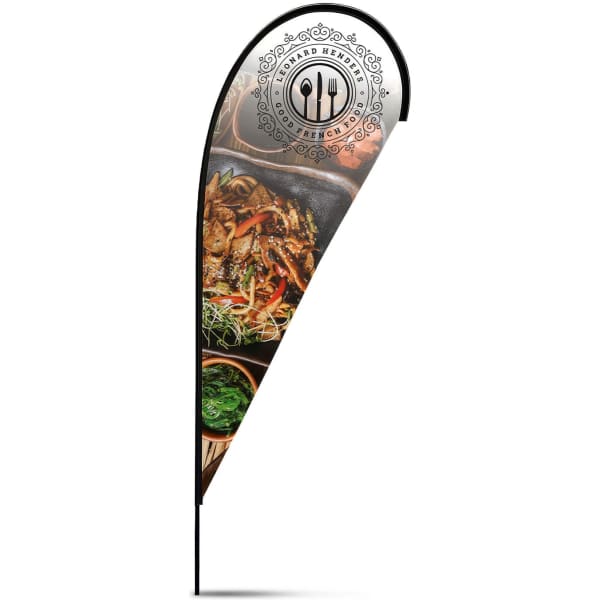 A medium tear drop flag kit featuring a black pole and vibrant food imagery, with a logo at the top.