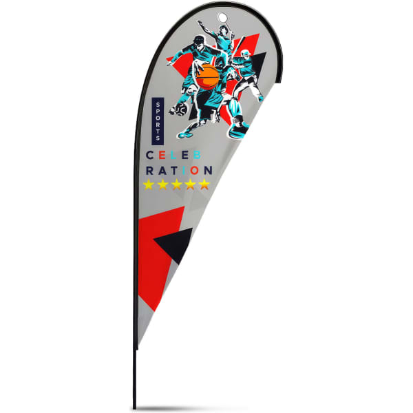 A large tear drop flag kit featuring a vibrant design with multiple colours, incorporating a logo and sporty graphics.