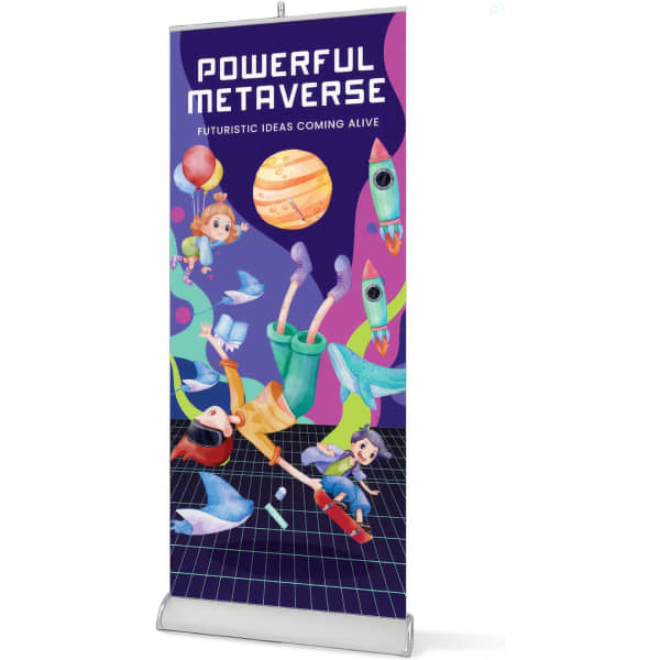 A pull-up banner stand featuring a vibrant design with characters, planets, and rockets in purple and green.