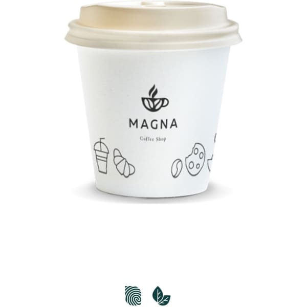 A compostable paper coffee cup in white with a beige lid and simple illustrations, featuring a logo.