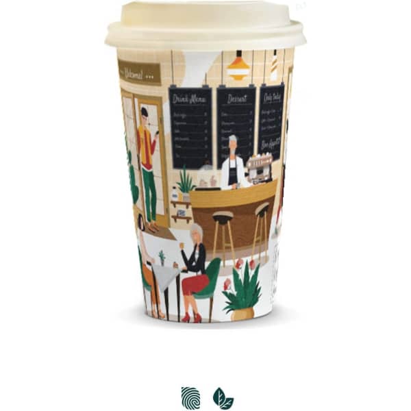 A compostable paper coffee cup, 350ml, featuring colourful illustrations of a café scene and a branded lid.