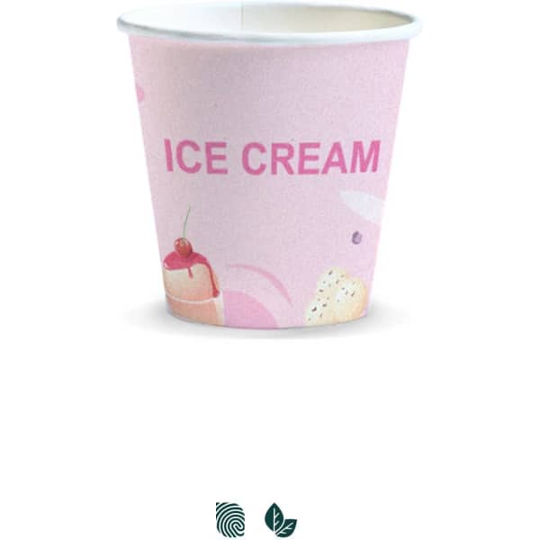 A pink compostable paper cup with an ice cream design. It has a logo on the side.