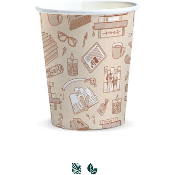 A compostable paper cup in a light brown colour featuring illustrations of books, glasses, and various beverage items.