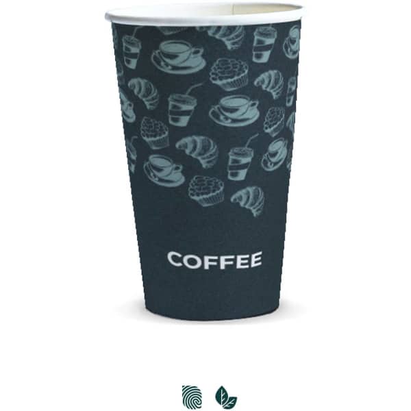 A compostable paper cup in dark colours with a pattern of cups and pastries, featuring a logo at the bottom.