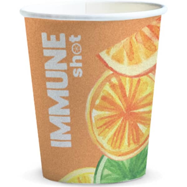 A paper cup featuring a vibrant fruit design, predominantly orange with green accents, and a logo.