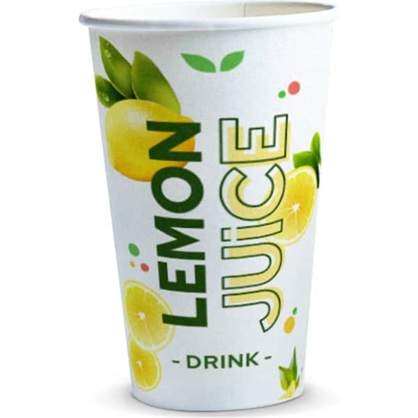 A paper cup designed for lemon juice, featuring yellow lemons and green leaves on a white background with a logo.