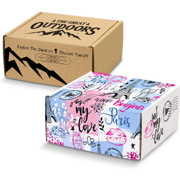 A die cut box with a locking lid, featuring a natural brown exterior and a brightly designed patterned lid.