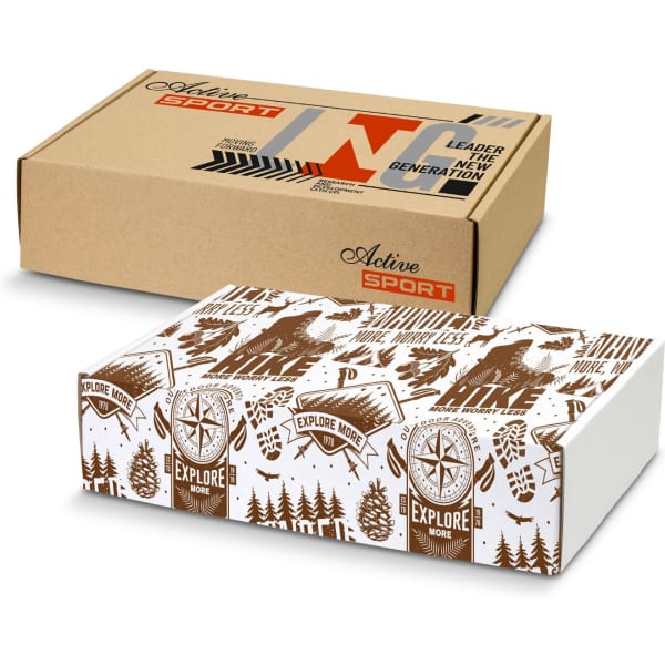 A die cut box with a locking lid, featuring a brown and white design, with an outdoor exploration theme. It has a logo.
