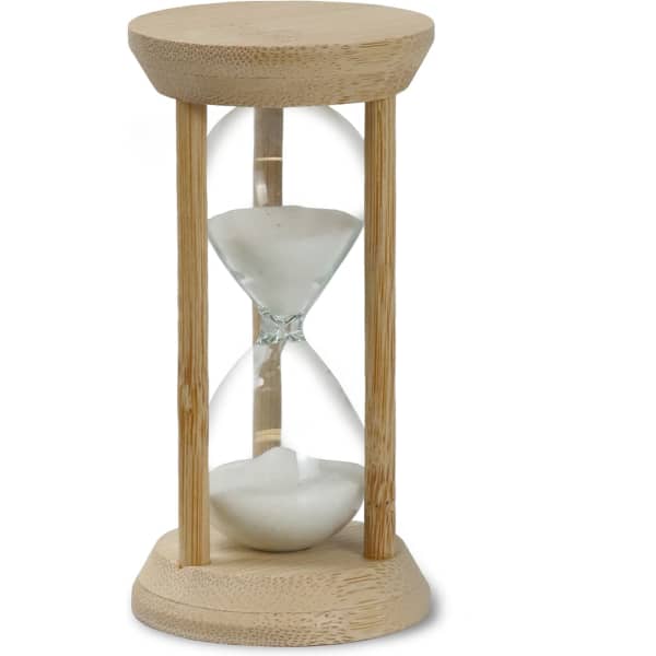 A bamboo hourglass with a wooden frame and clear glass, filled with white sand.