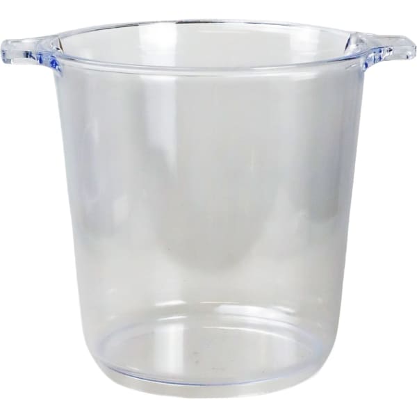 A transparent ice bucket with blue handles, featuring a simple, clean design. It has a smooth, rounded shape.