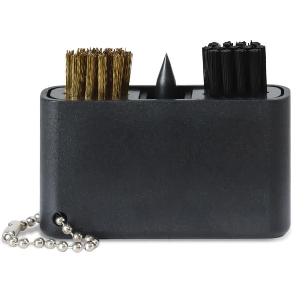 A black golf club cleaning tool featuring two brushes and a spike, attached to a chain.