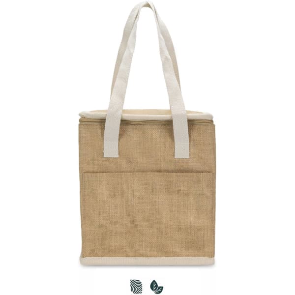 A brown insulated lunch cooler bag with cream handles and a zipped top, featuring a front pocket.