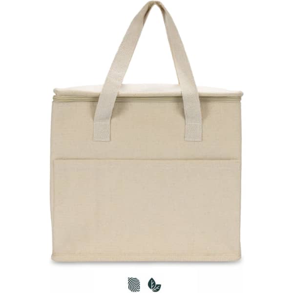A cream-coloured lunch cooler bag with dual handles and a front pocket, featuring a logo.
