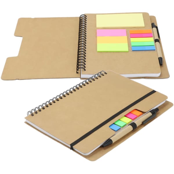A kraft notebook with a spiral binding, enclosed in a cover, featuring sticky notes and flags in neon colours and a pen.