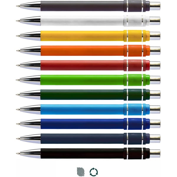 A collection of Eon Spinner Pens in various colours: black, white, yellow, orange, red, green, blue, and navy. Each pen features a logo.