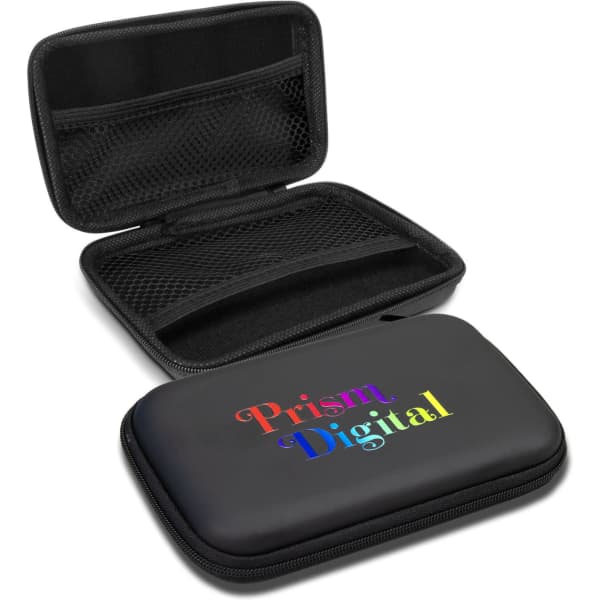 A black extra-large carry case with a colourful digital print design and mesh pockets inside.